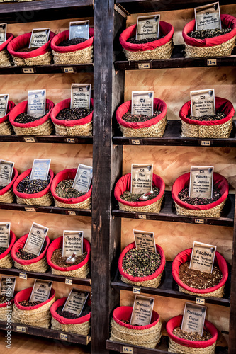 Spices, seeds and tea sold in a traditional market in Granada, S