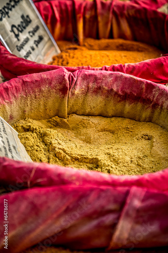 Spices, seeds and tea sold in a traditional market in Granada, S