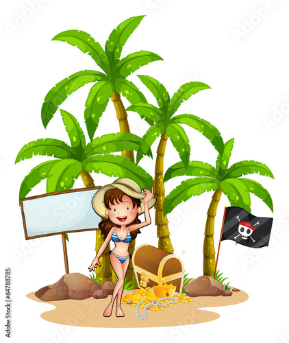A sexy girl at the beach near the empty signboard