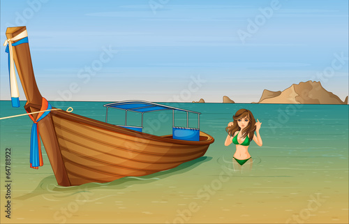 A girl near the wooden boat