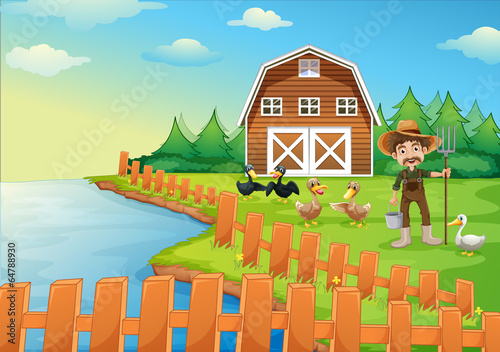 A farmer feeding his ducks