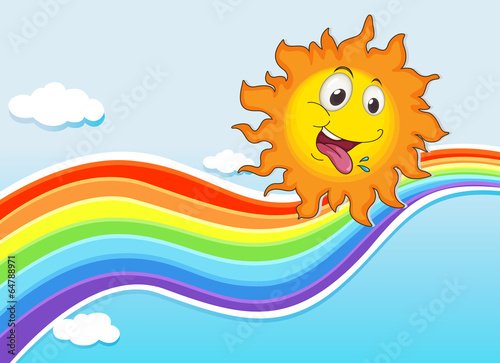A sky with a rainbow and a happy sun