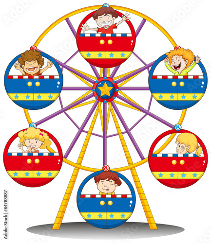 Happy kids riding the ferris wheel