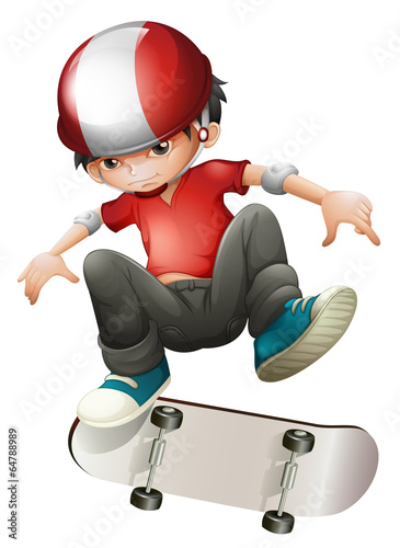 A young man playing with his skateboard