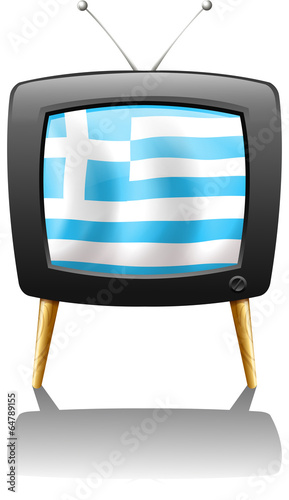 A TV screen with the flag of Greece