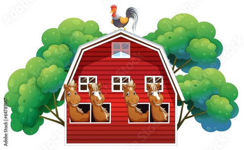 A farmhouse with four horses and a rooster