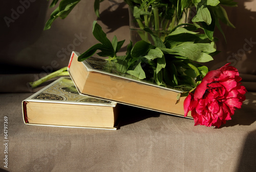 two books and peony.