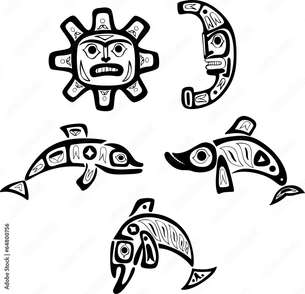 Naklejka premium Native shoshone tribal drawings. Fish, sun, moon