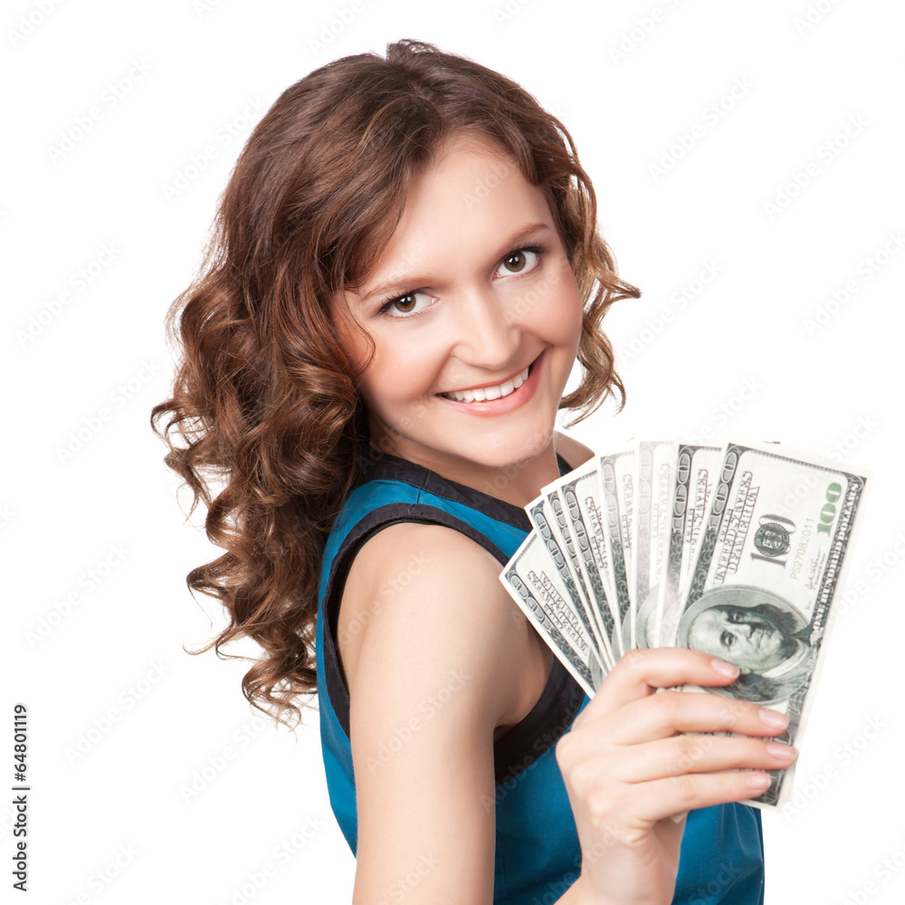 Portrait of pretty young woman holding a fan of dollar bills Portrait of pretty young woman holding a fan of dollar bills