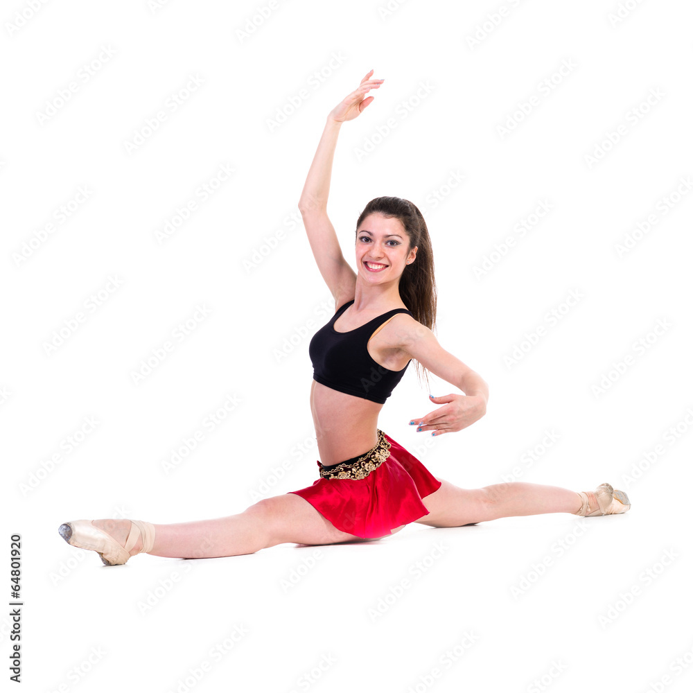Young woman makes exercise isolated on white Young woman makes exercise isolated on white