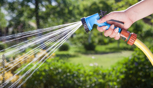 Woman's hand with hose pipe watering plants