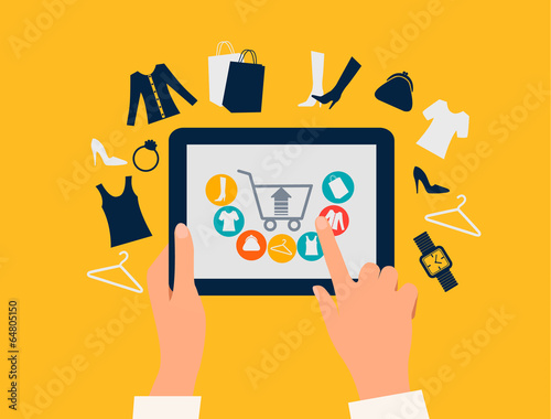 E-shopping concept. Hands touching a tablet with shopping icons.