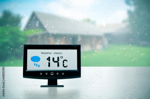 Fototapeta Naklejka Na Ścianę i Meble -  Weather station device with weather conditions outside backgroun