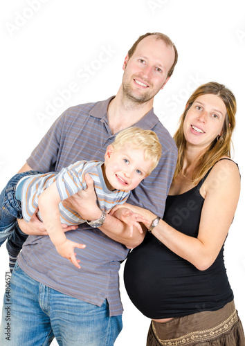 Happy family with pregnant mother playing Isolated