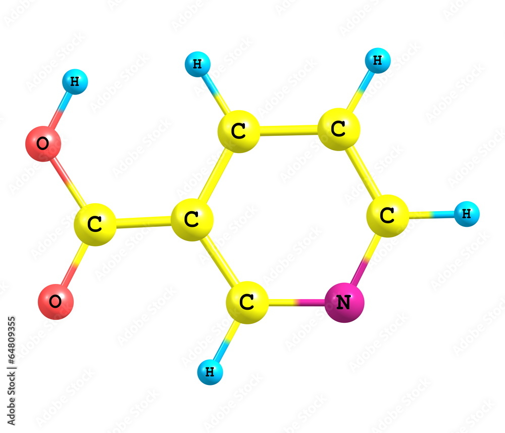 Niacin (B3) molecular structure on white background