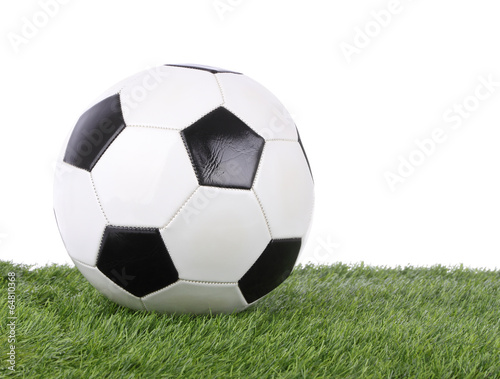 Stitch leather soccer ball on green grass field.