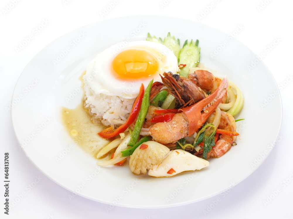 fried basil leave with seafood and white rice fried basil leave with seafood and white rice