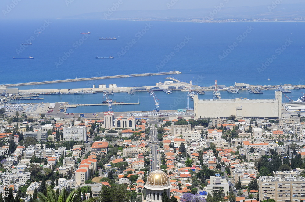 View on the down town of Haifa and Bahai Gardens from Mount Carmel