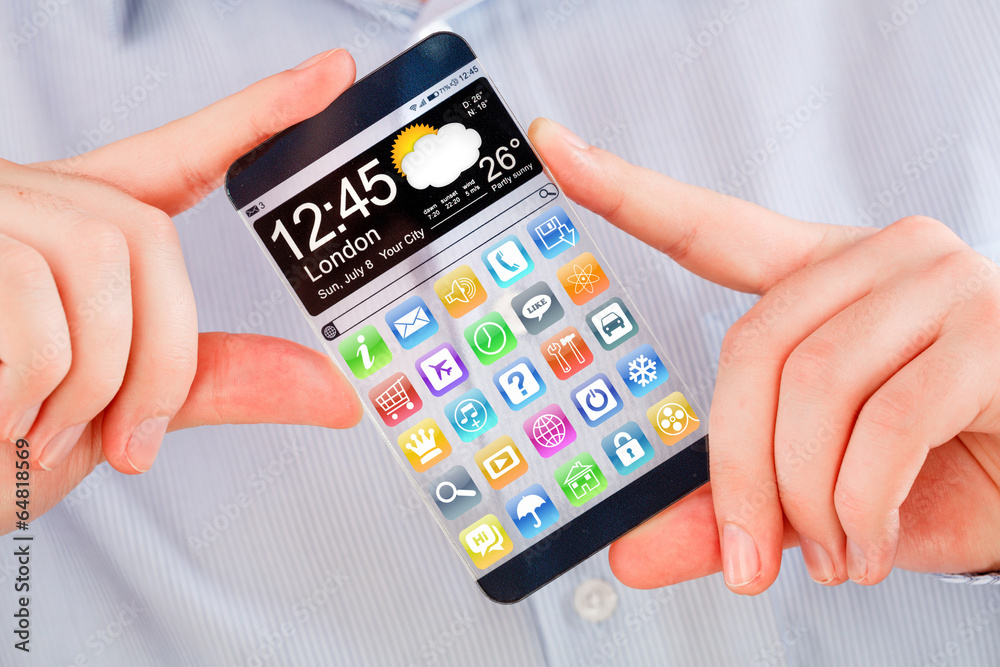 Smartphone with transparent screen in human hands. Smartphone with transparent screen in human hands.