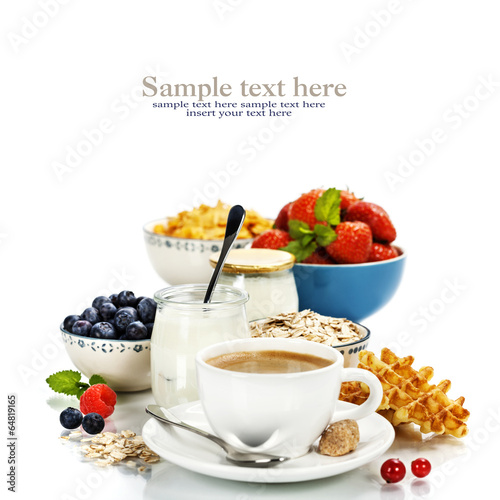 Healthy breakfast - yogurt, coffee, muesli and berries
