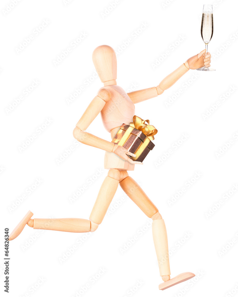 wooden Dummy with champagne holding gift wooden Dummy with champagne holding gift