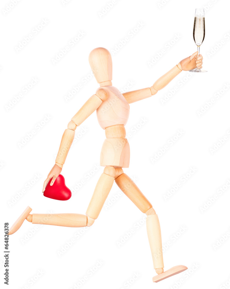 wooden Dummy with champagne holding red heart wooden Dummy with champagne holding red heart