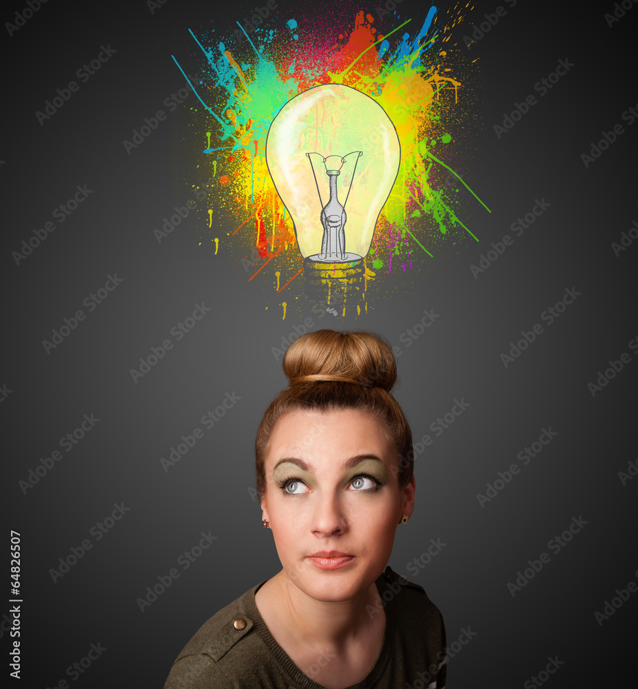 Young woman thinking with lightbulb above her head Young woman thinking with lightbulb above her head