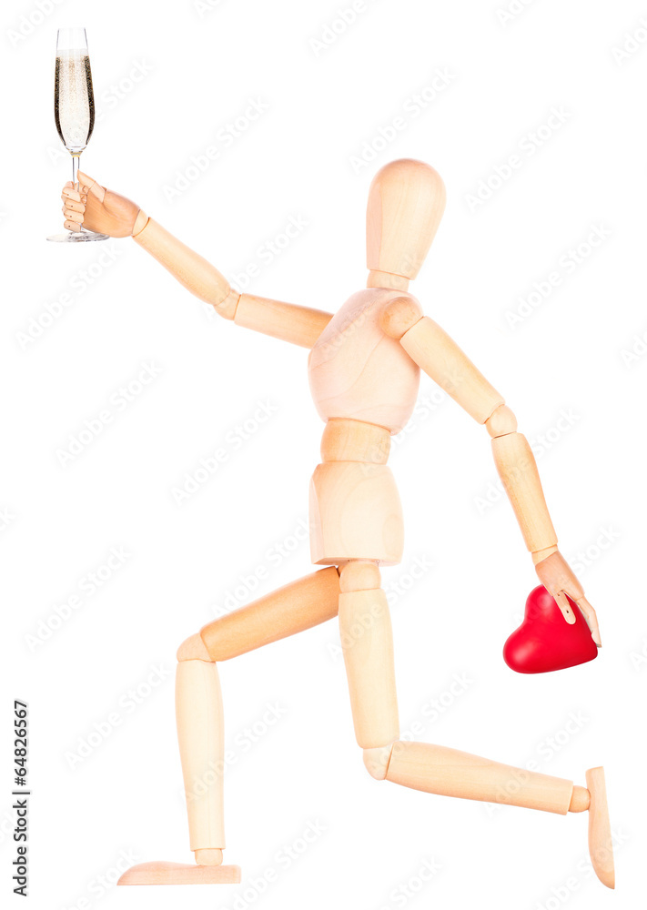 wooden Dummy with champagne holding red heart wooden Dummy with champagne holding red heart