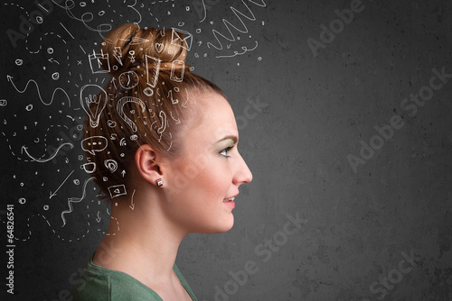 Young girl thinking with abstract icons on her head