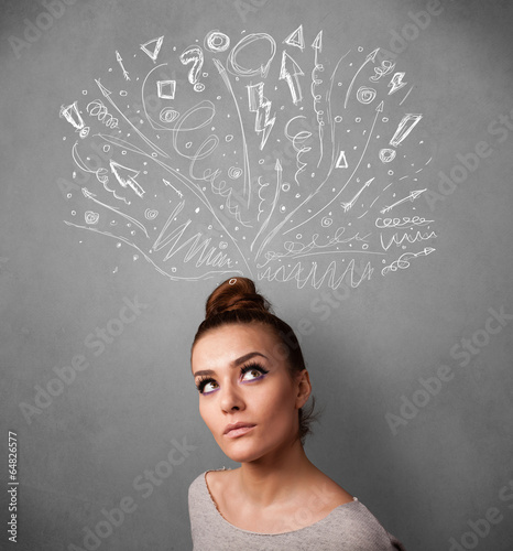 Young woman thinking with sketched arrows above her head
