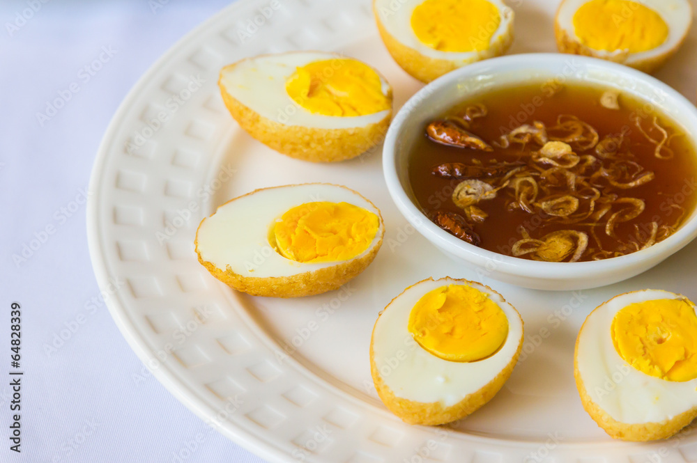 Boiled eggs fried with a sweet sauce Boiled eggs fried with a sweet sauce