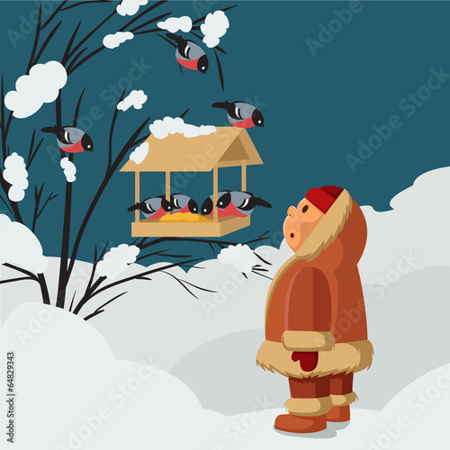 Boy and bullfinches