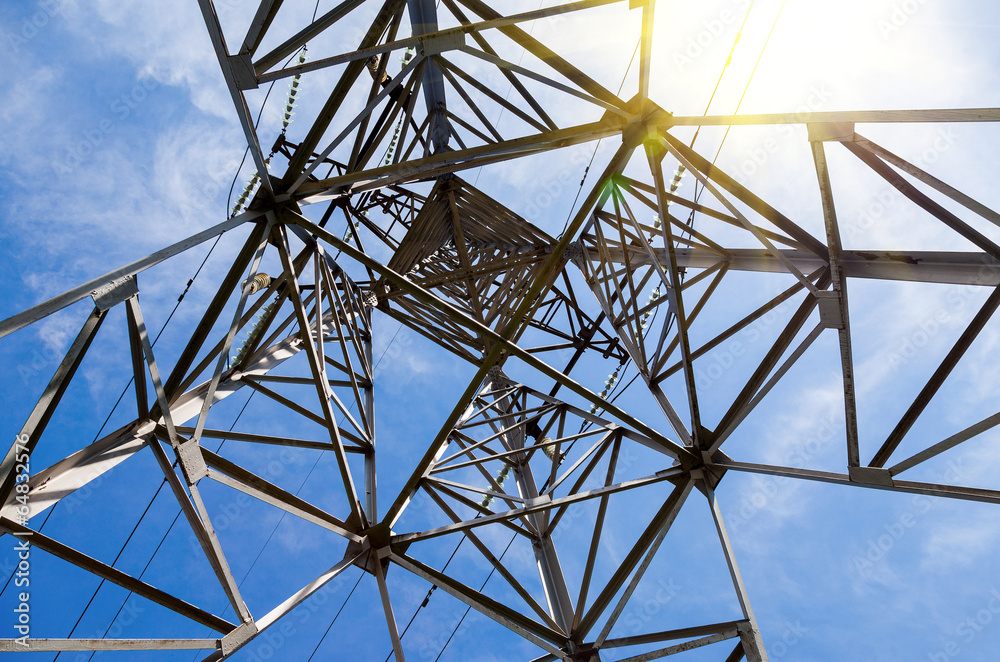 Naklejka premium Upward view of the structure under power transmission tower