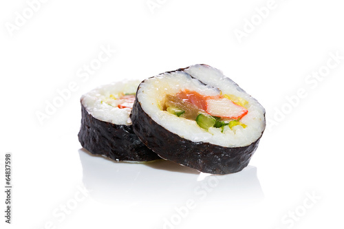 Traditional fresh japanese sushi on white background.