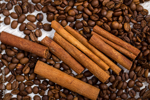 Cinnamon stick and coffee beans