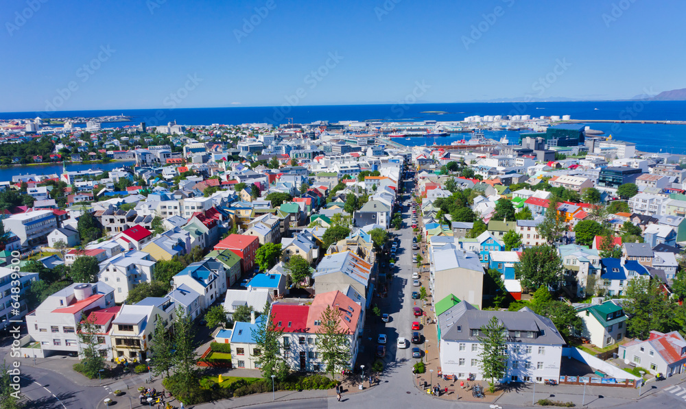 Beautiful super wide-angle aerial view of Reykjavik, Iceland wit