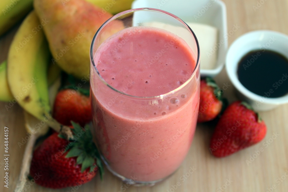 Pink smoothie strawberries, bananas, pears, tofu and maple syrup Pink smoothie strawberries, bananas, pears, tofu and maple syrup