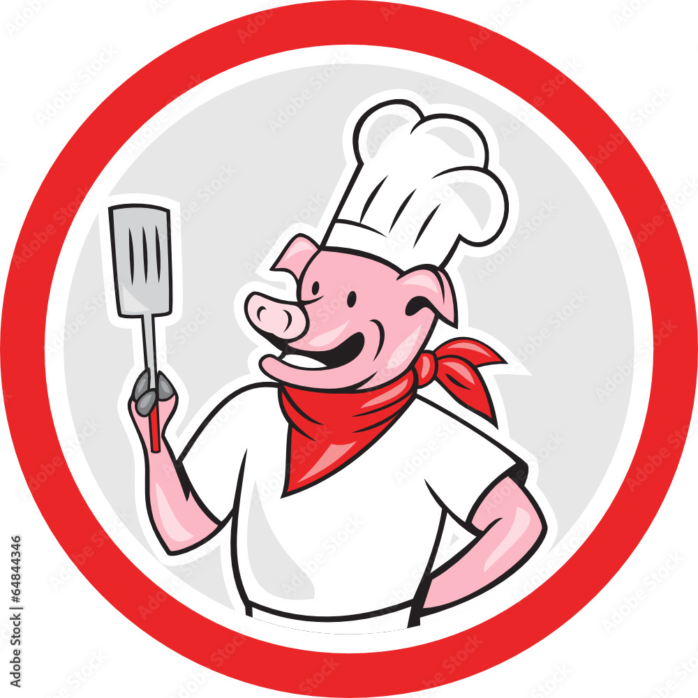 Pig Chef Cook Holding Spatula Circle Cartoon Pig Chef Cook Holding Spatula Circle Cartoon