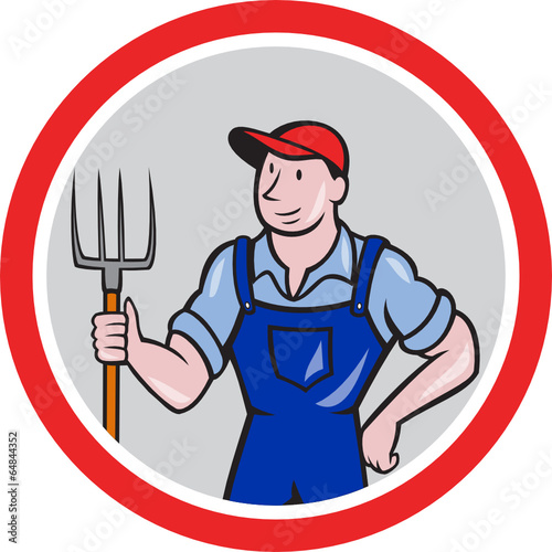 Farmer Holding Pitchfork Circle Cartoon
