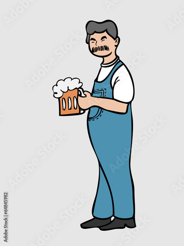 Mustache man in overall jean with beer