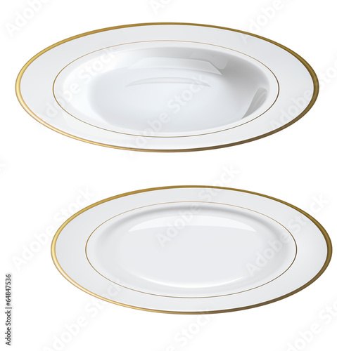 Empty white plates with gold rims isolated on white.