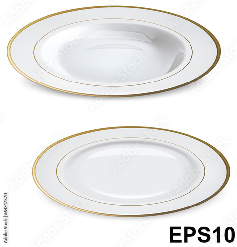Empty white plates with gold rims isolated on white. Vector illu
