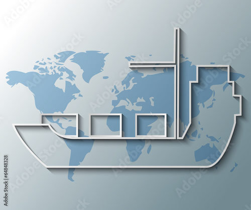 Illustration of container ship with world map background