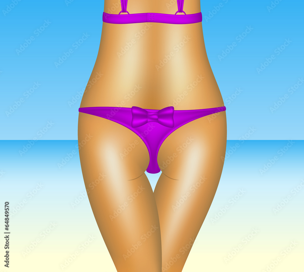 Sexy woman in purple bikini and beach background