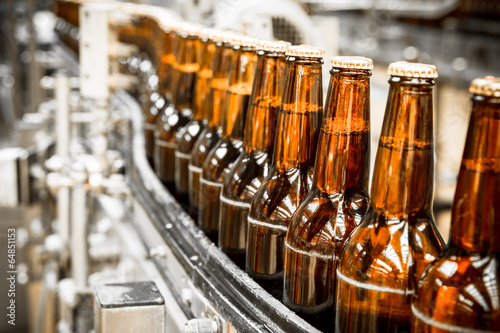 Beer bottles on the conveyor belt photo