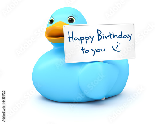 Canvas Print Blue Ducky with happy birthday sign