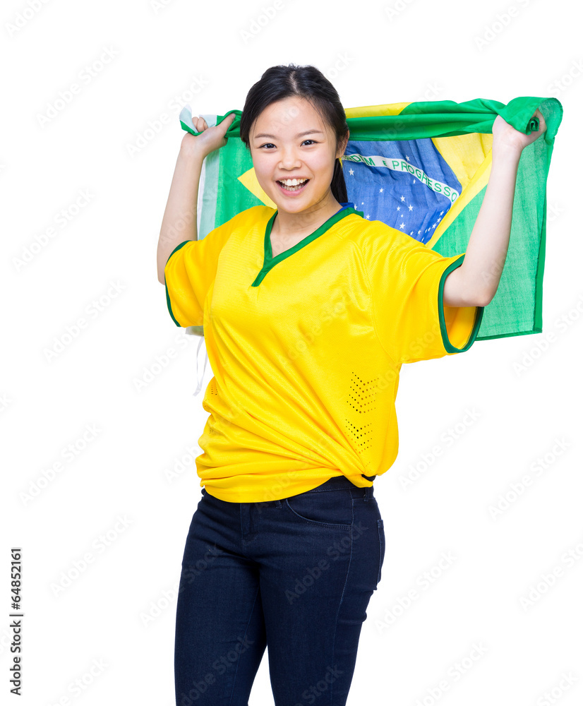 Asia female soccer fans holding Brazil flag Asia female soccer fans holding Brazil flag