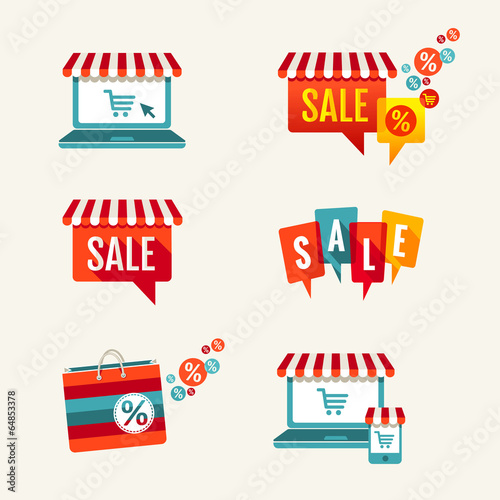 Sale tags, Laptop with awning and shopping bag icons set