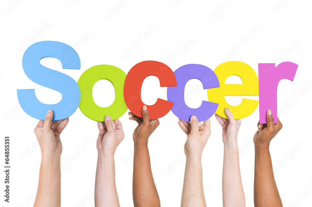 Multiethnic Arms Raised Holding Text Soccer Multiethnic Arms Raised Holding Text Soccer