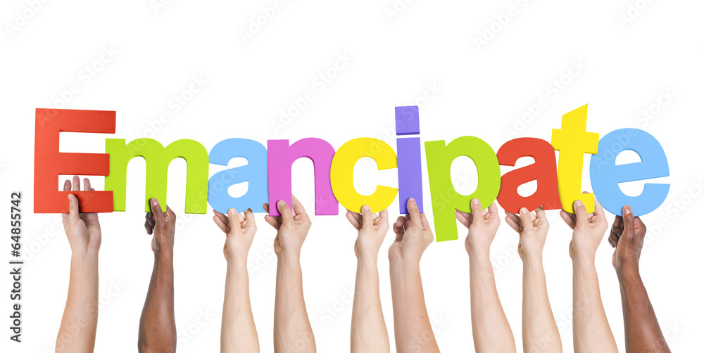Multiethnic Arms Raised Holding Text Emancipate Multiethnic Arms Raised Holding Text Emancipate